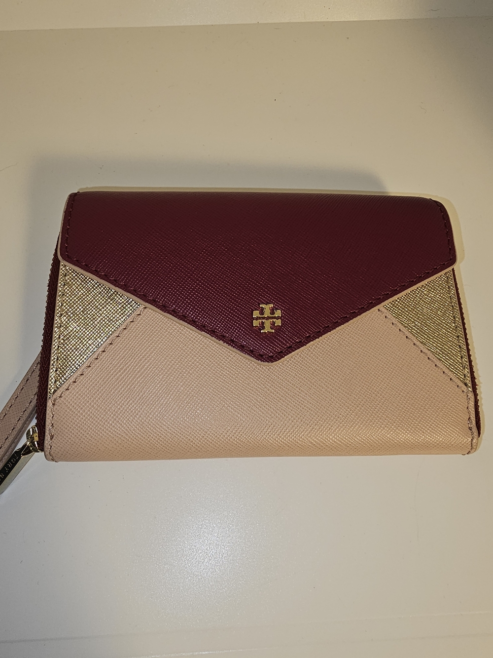Tory Burch Colorblock Envelope Wallet - Burgundy, Blush & Gold Accents EUC